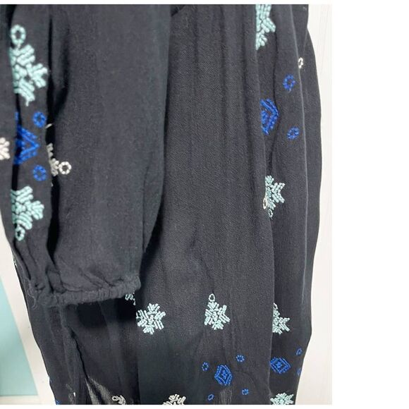 Free People Stargazer Mini Dress Embroidered V-Neck Tie Waist Black Blue Small - Picture 6 of 12